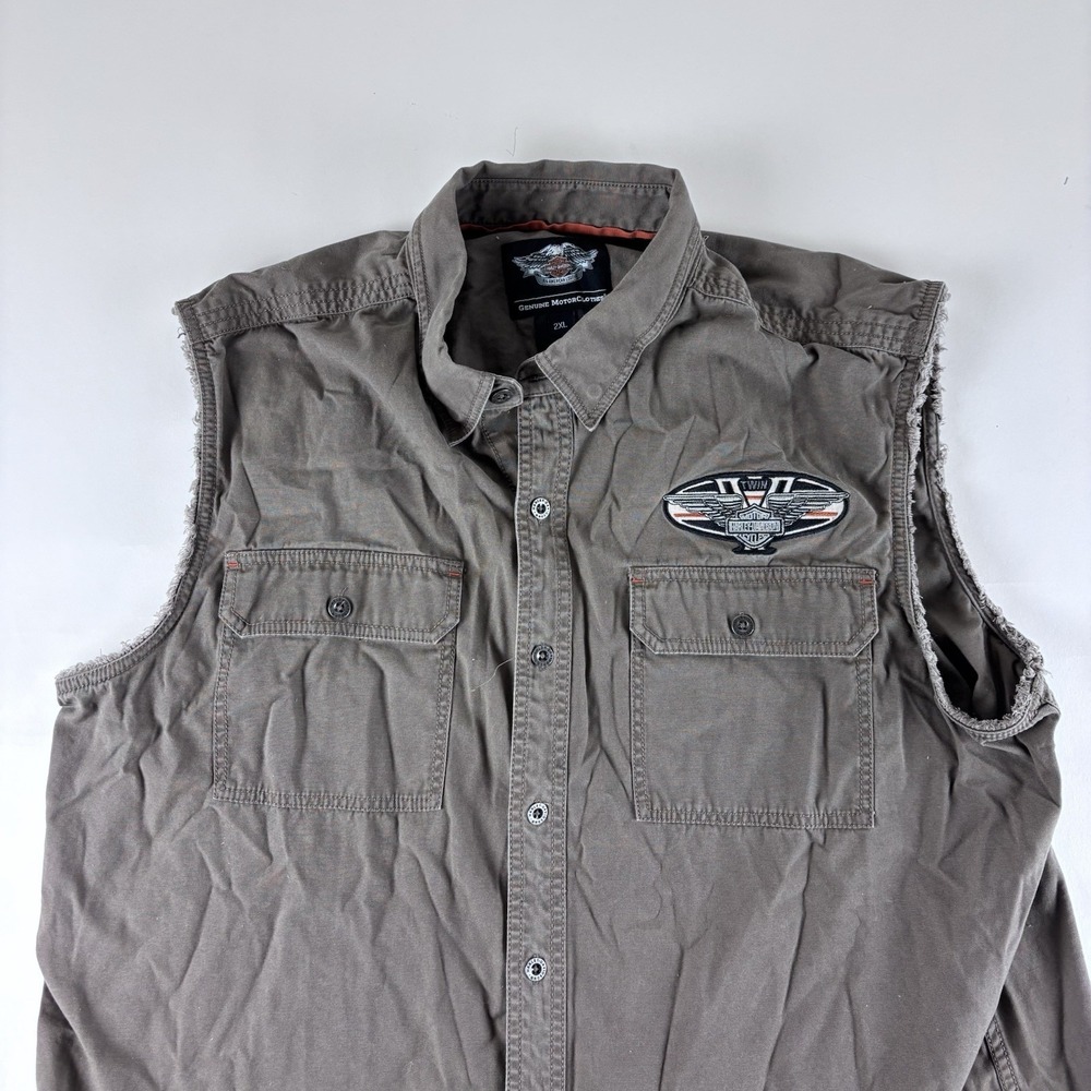 Harley Davidson‎ 2XL Sleeveless Button Down Shirt Vest Patch Mechanic XXL Brown - Picture 4 of 11